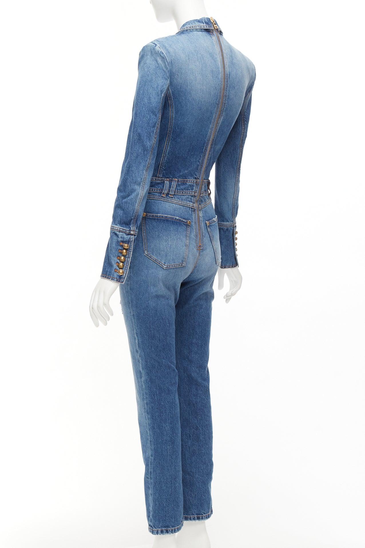 BALMAIN blue washed distressed denim gold double breasted jumpsuit FR34 XS For Sale 2