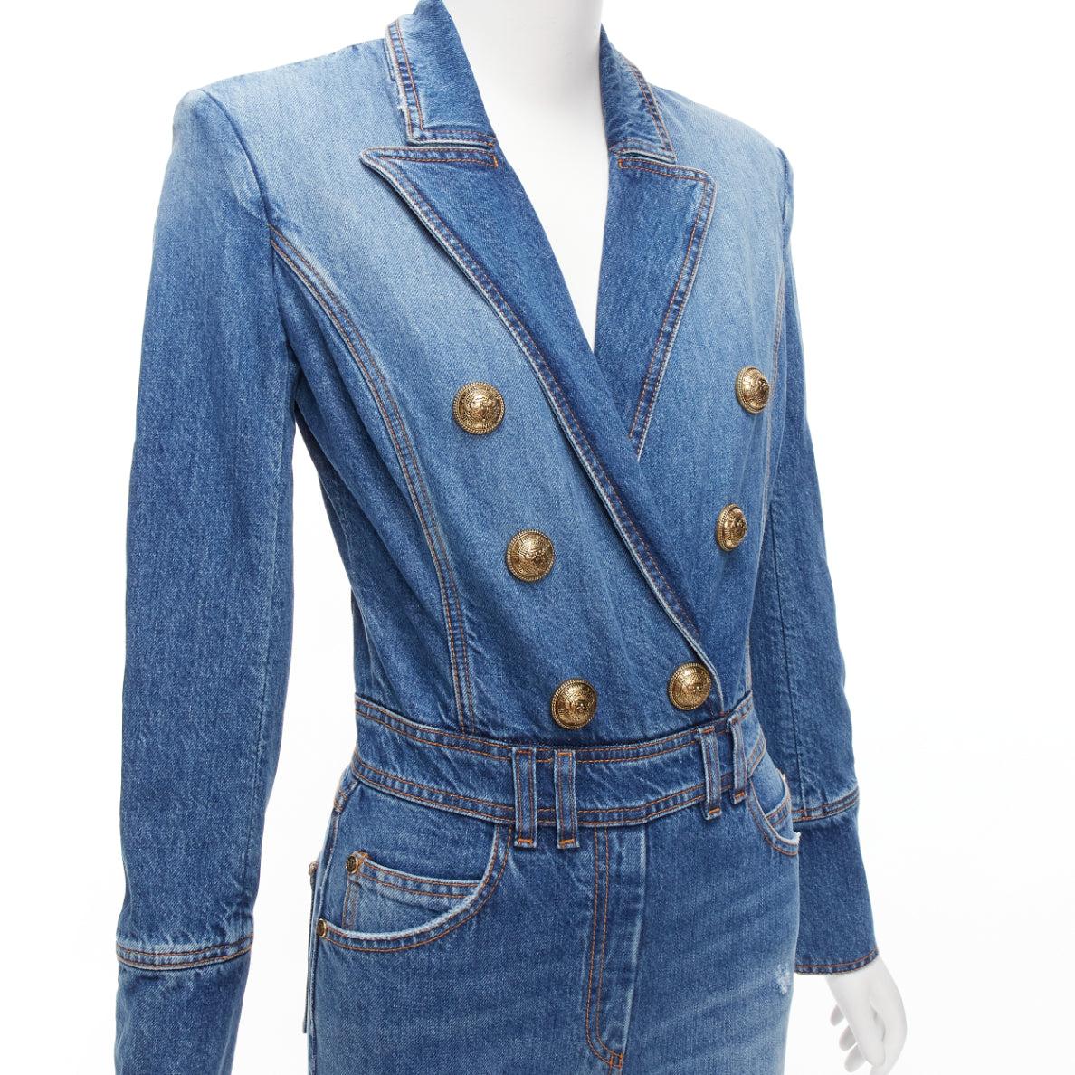 BALMAIN blue washed distressed denim gold double breasted jumpsuit FR34 XS For Sale 2