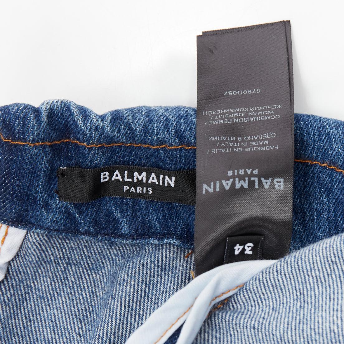 BALMAIN blue washed distressed denim gold double breasted jumpsuit FR34 XS For Sale 3