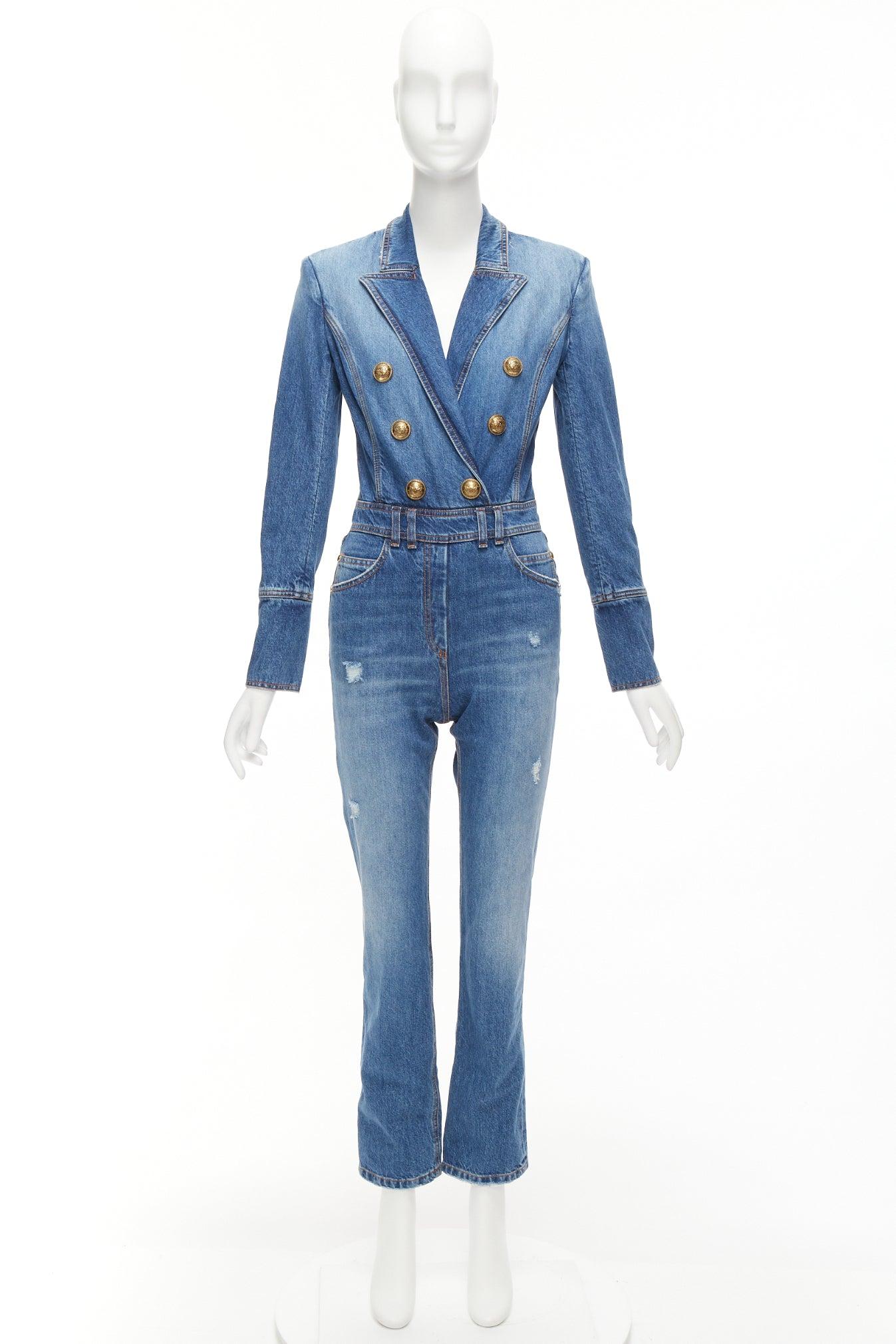 BALMAIN blue washed distressed denim gold double breasted jumpsuit FR34 XS For Sale 4