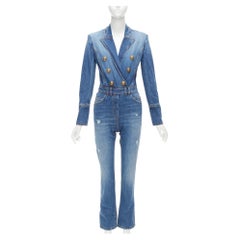 BALMAIN blue washed distressed denim gold double breasted jumpsuit FR34 XS