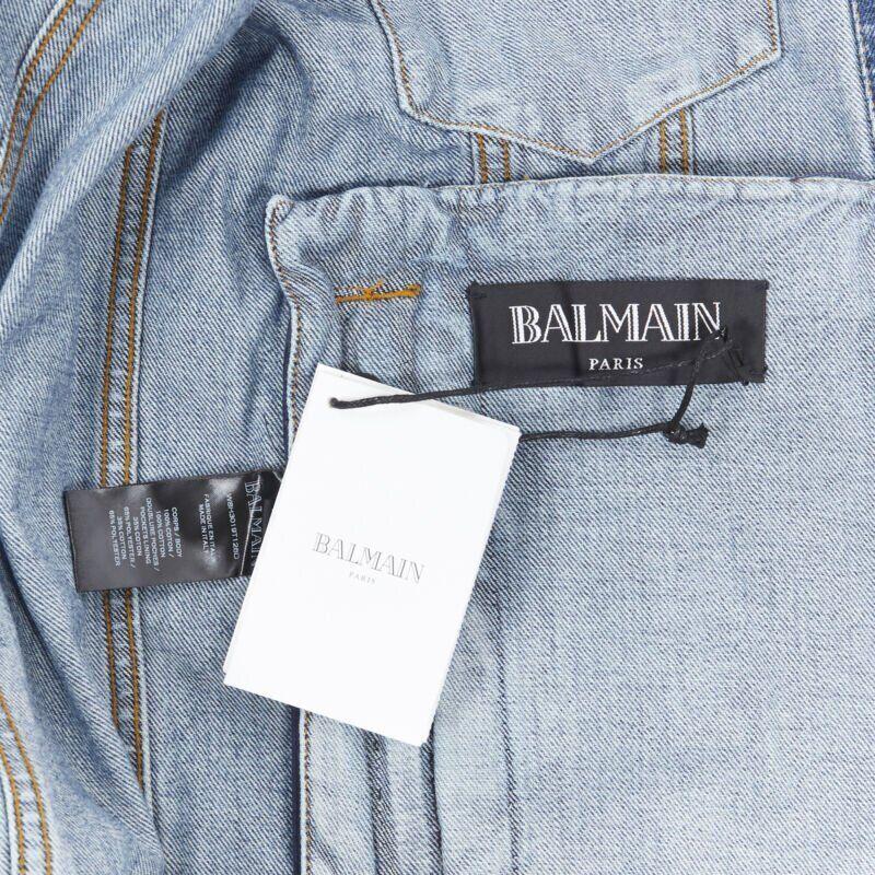 BALMAIN blue washed heavy distressed holey casual cotton denim jacket S For Sale 7