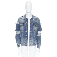 BALMAIN blue washed heavy distressed holey casual cotton denim jacket S