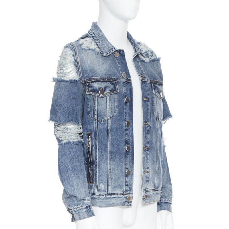 BALMAIN blue washed heavy distressed holey casual cotton denim jacket S In New Condition For Sale In Hong Kong, NT