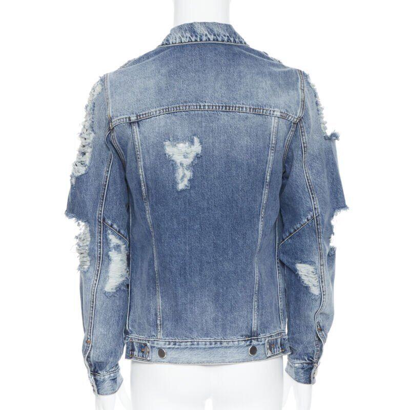 BALMAIN blue washed heavy distressed holey casual cotton denim jacket S For Sale 1