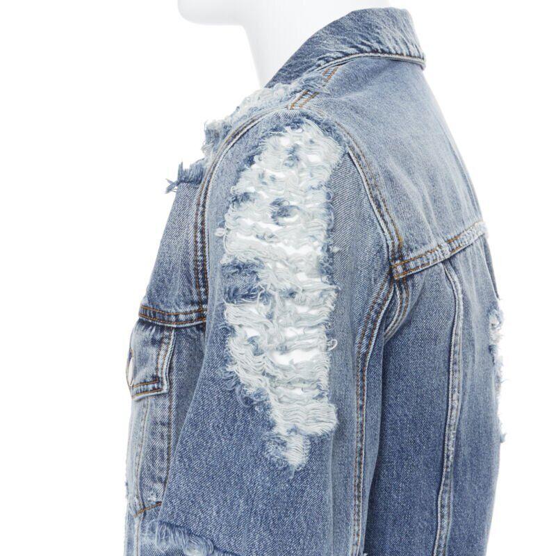 BALMAIN blue washed heavy distressed holey casual cotton denim jacket S For Sale 3