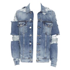 BALMAIN blue washed heavy distressed holey casual cotton denim jacket S