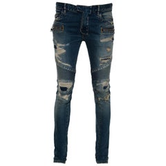 Used Balmain Blue Washed Out & Distressed Denim Biker Jeans S