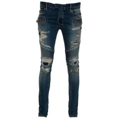 Balmain Blue Washed Out & Distressed Denim Biker Jeans S