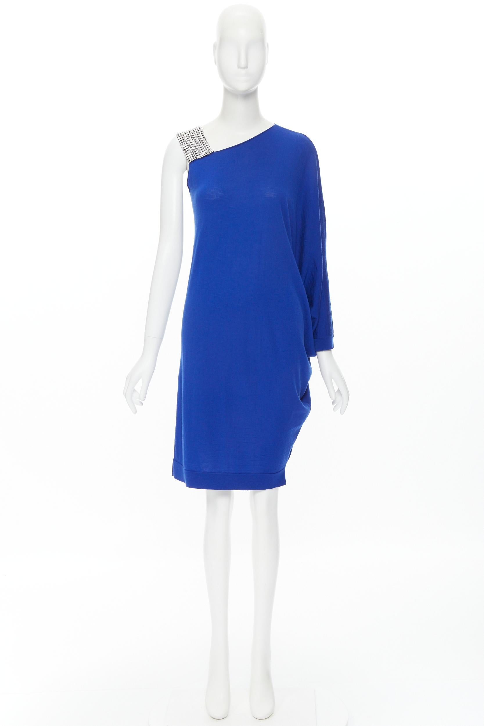 BALMAIN blue wool crystal rhinestone embellished strap asymmetric dress FR36 S For Sale 3