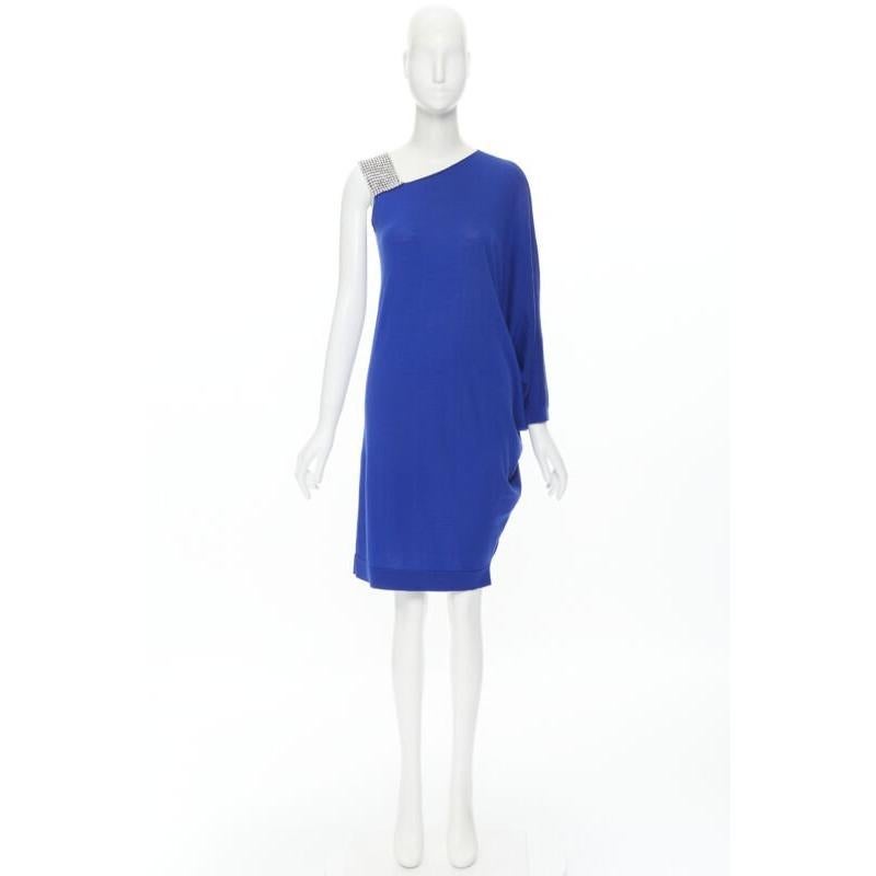 BALMAIN blue wool crystal rhinestone embellished strap asymmetric dress FR36 S For Sale 6