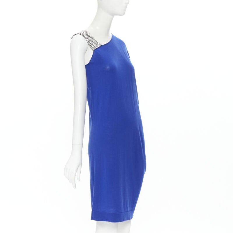 Blue BALMAIN blue wool crystal rhinestone embellished strap asymmetric dress FR36 S For Sale