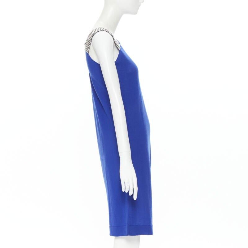 BALMAIN blue wool crystal rhinestone embellished strap asymmetric dress FR36 S In Excellent Condition For Sale In Hong Kong, NT