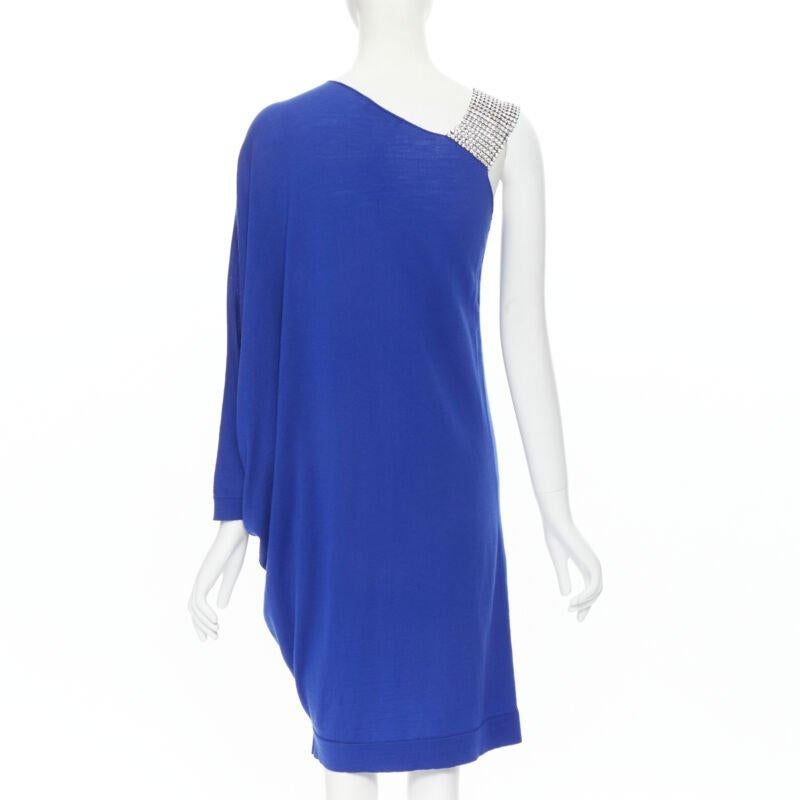 Women's BALMAIN blue wool crystal rhinestone embellished strap asymmetric dress FR36 S For Sale