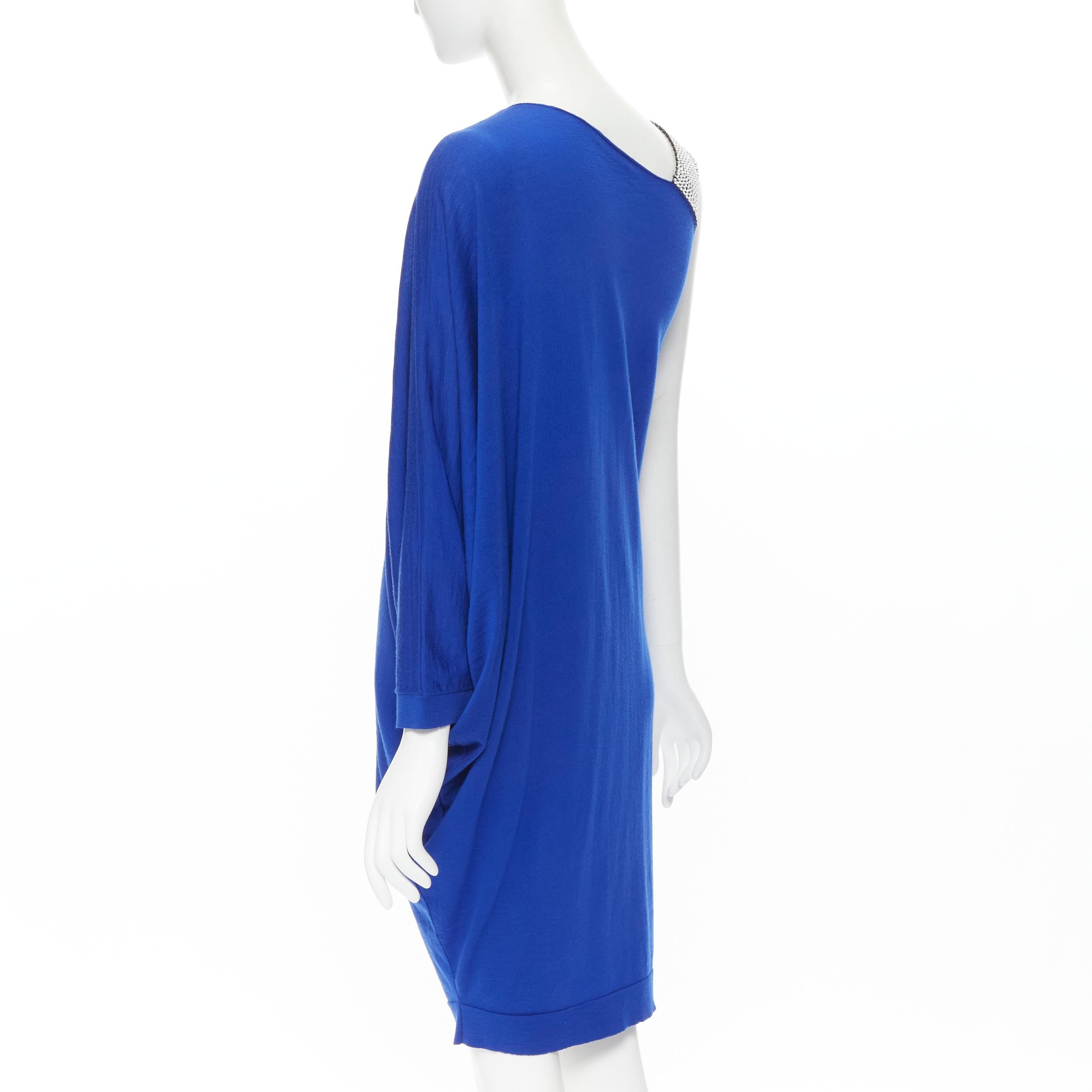 Blue BALMAIN blue wool crystal rhinestone embellished strap asymmetric dress FR36 S For Sale