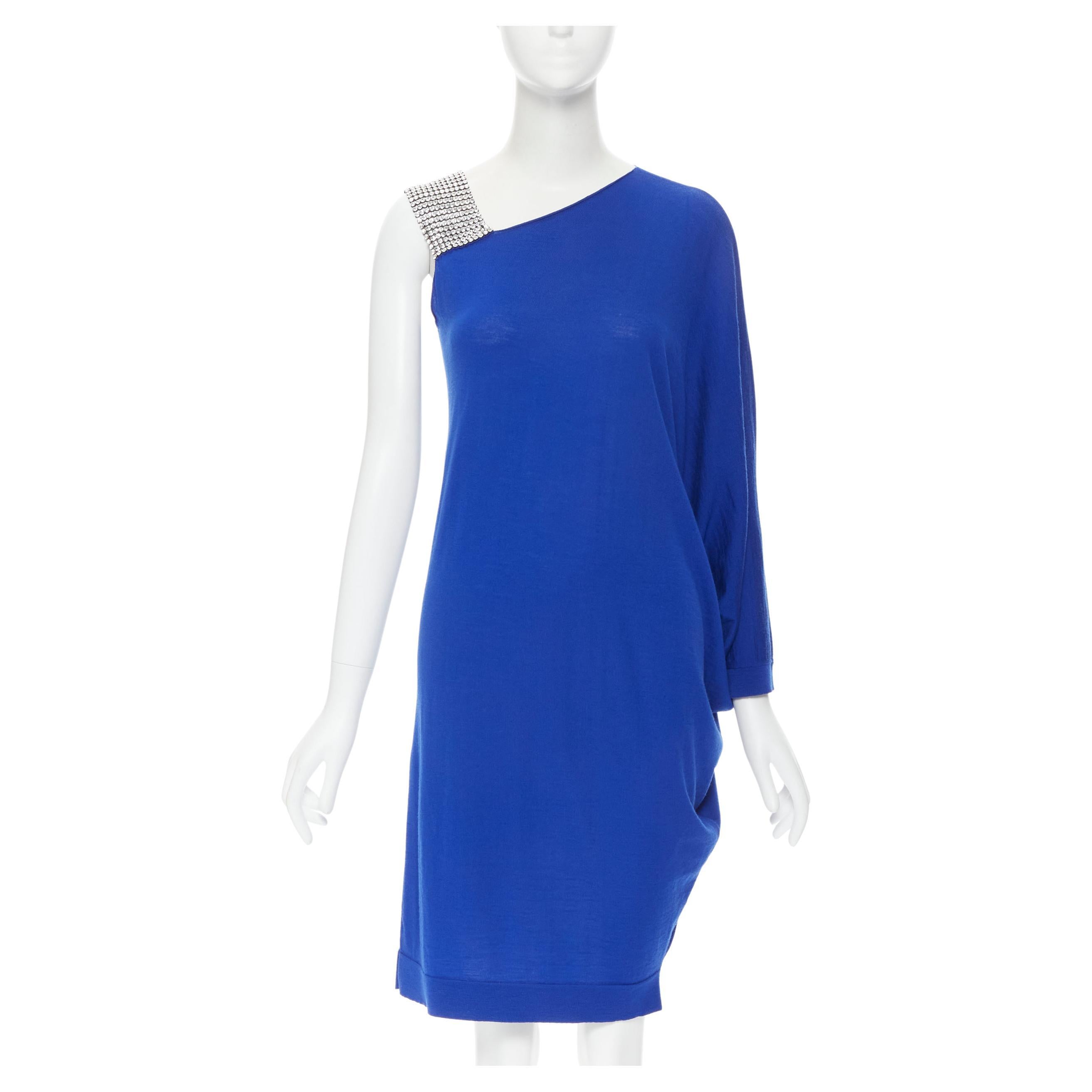 BALMAIN Blaues asymmetrisches Kleid mit Strassbesatz aus Wolle und Kristall FR36 S