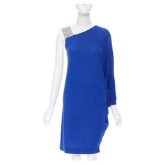 BALMAIN blue wool crystal rhinestone embellished strap asymmetric dress FR36 S