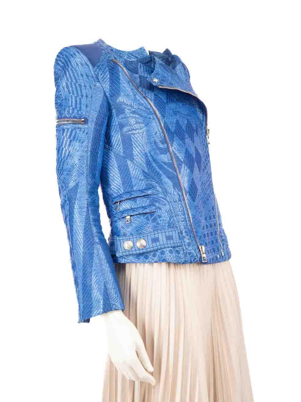 CONDITION is Very good. Minimal wear to jacket is evident. Minimal pull to weave to front waist area and front neckline area. Minimal abrasion to the edge of both cuffs on this used Balmain designer resale item.
 
 
 
 Details
 
 
 Blue
 
