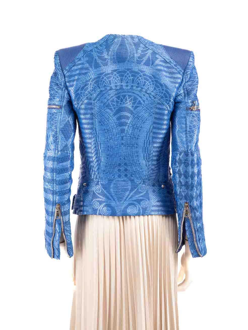 Balmain Blue Woven Pattern Biker Jacket Size M In Excellent Condition In London, GB