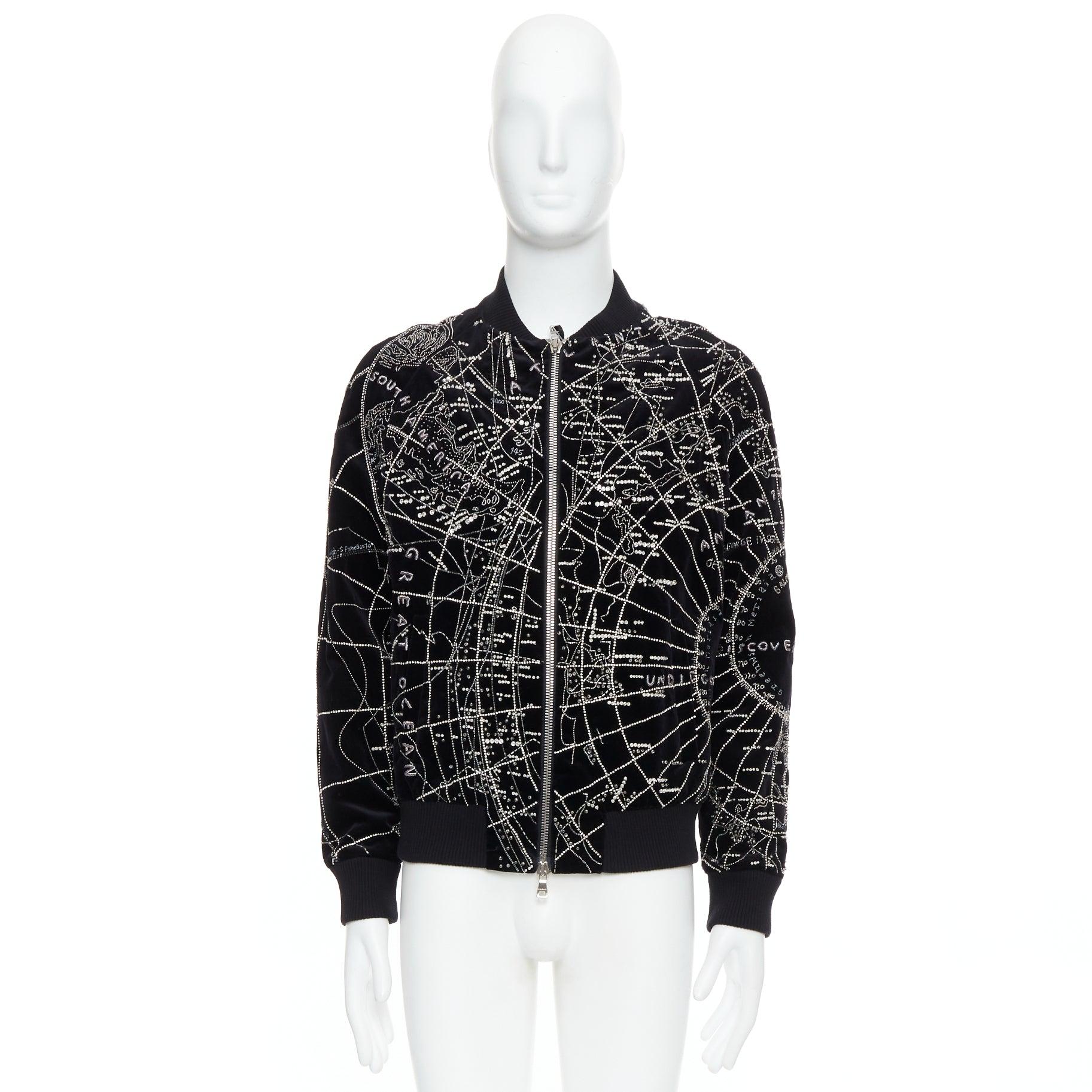BALMAIN Broderie black map crystal bead embroidery velvet bomber jacket FR48 For Sale 5