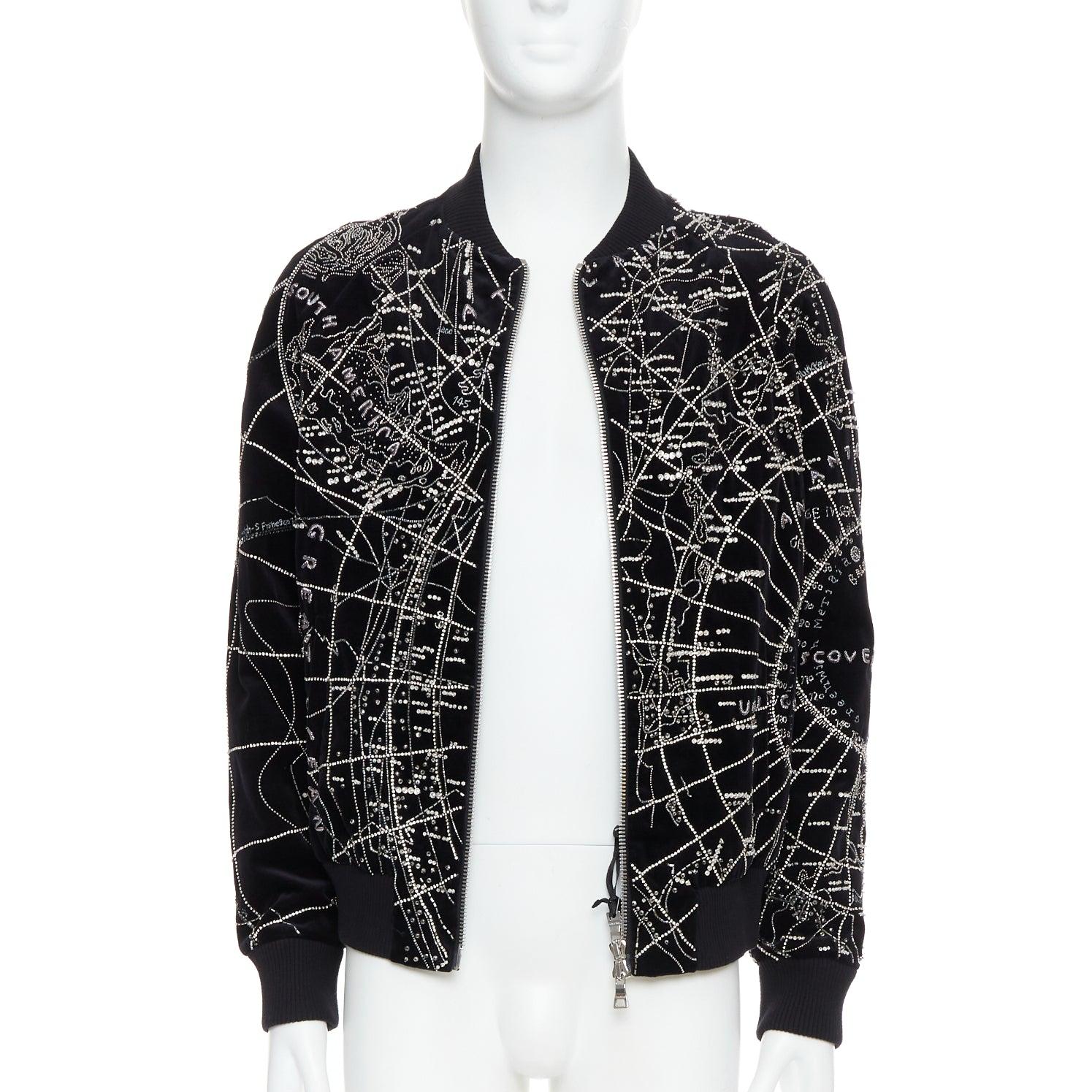 Black BALMAIN Broderie black map crystal bead embroidery velvet bomber jacket FR48 For Sale
