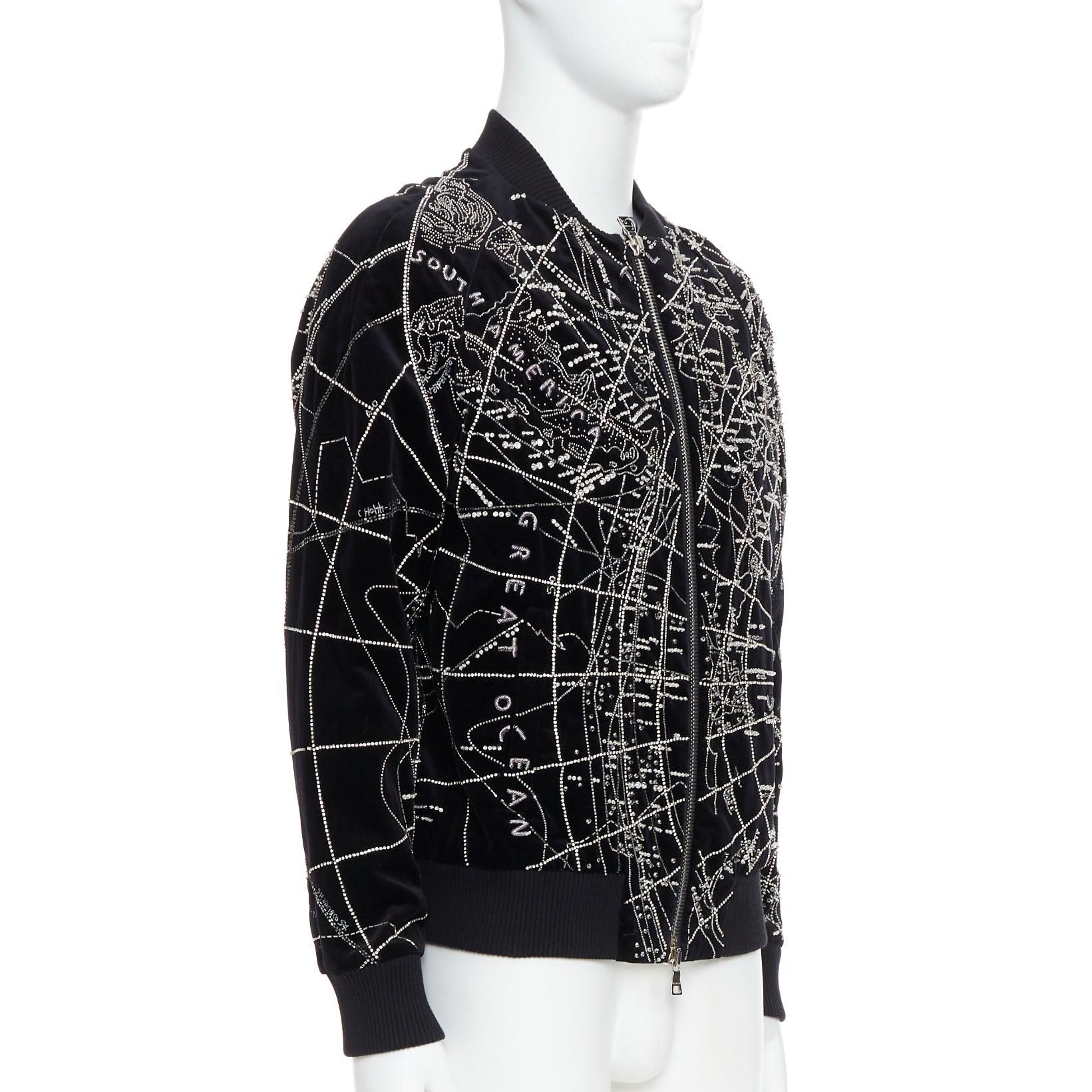 BALMAIN Broderie black map crystal bead embroidery velvet bomber jacket FR48 In New Condition For Sale In Hong Kong, NT