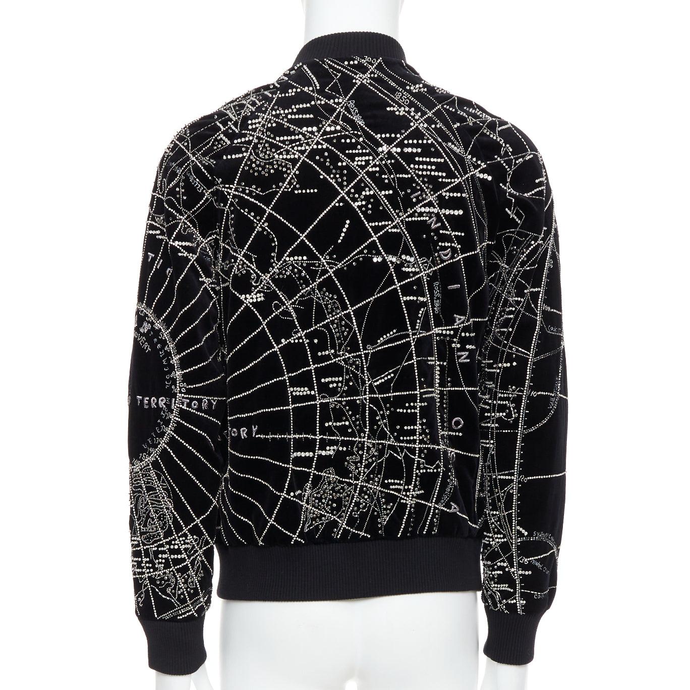 BALMAIN Broderie black map crystal bead embroidery velvet bomber jacket FR48 For Sale 1