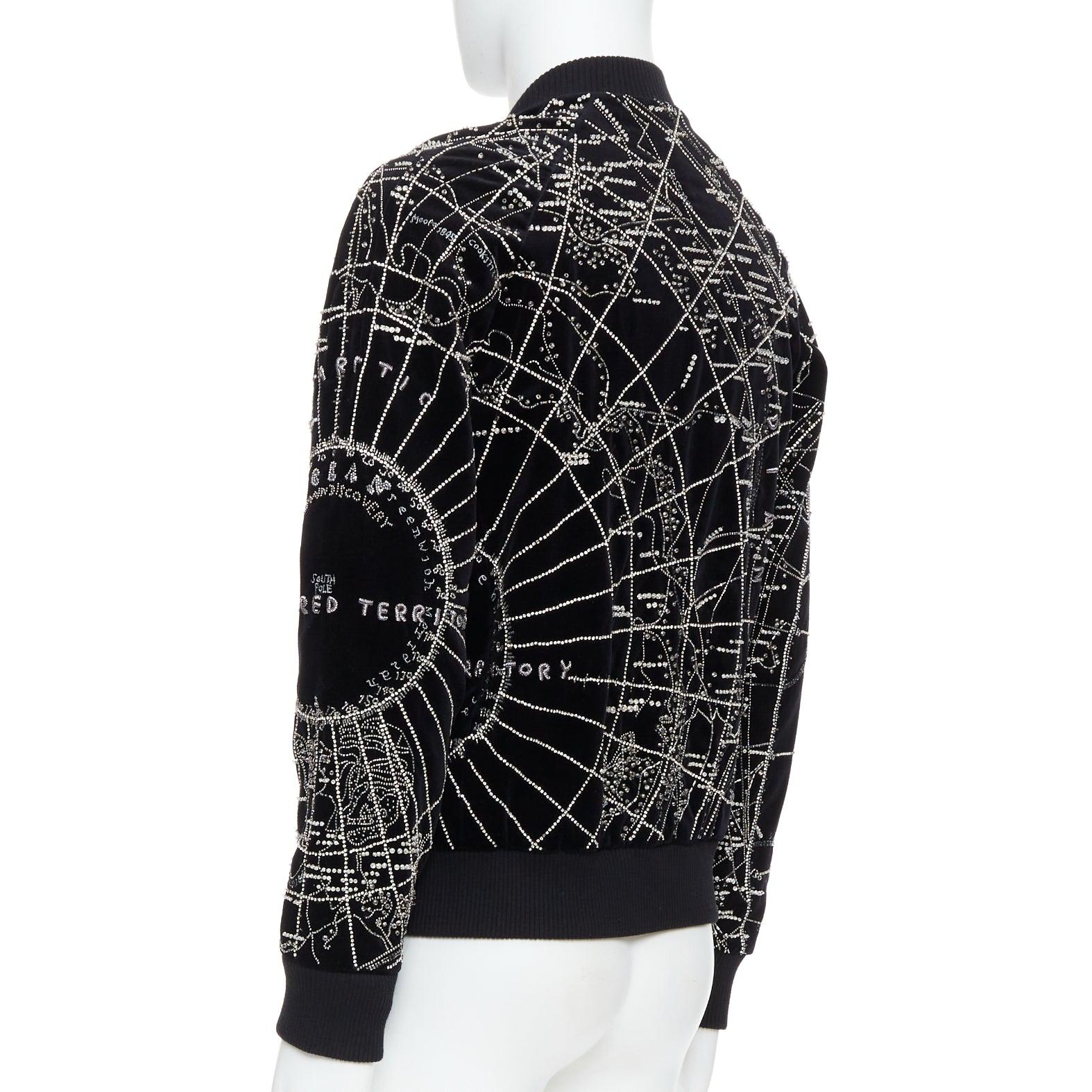 BALMAIN Broderie black map crystal bead embroidery velvet bomber jacket FR48 For Sale 2