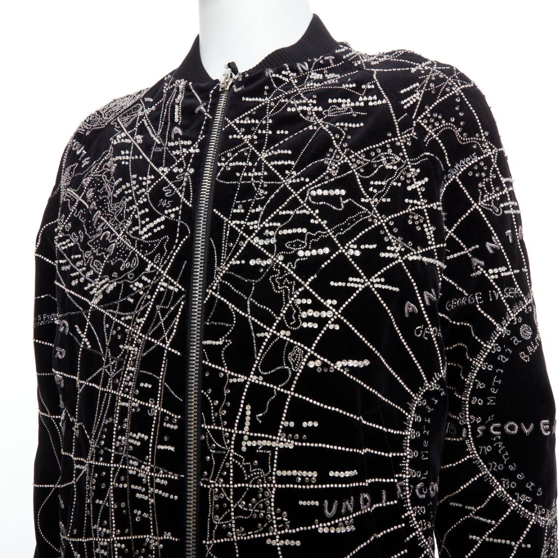 BALMAIN Broderie black map crystal bead embroidery velvet bomber jacket FR48 For Sale 3
