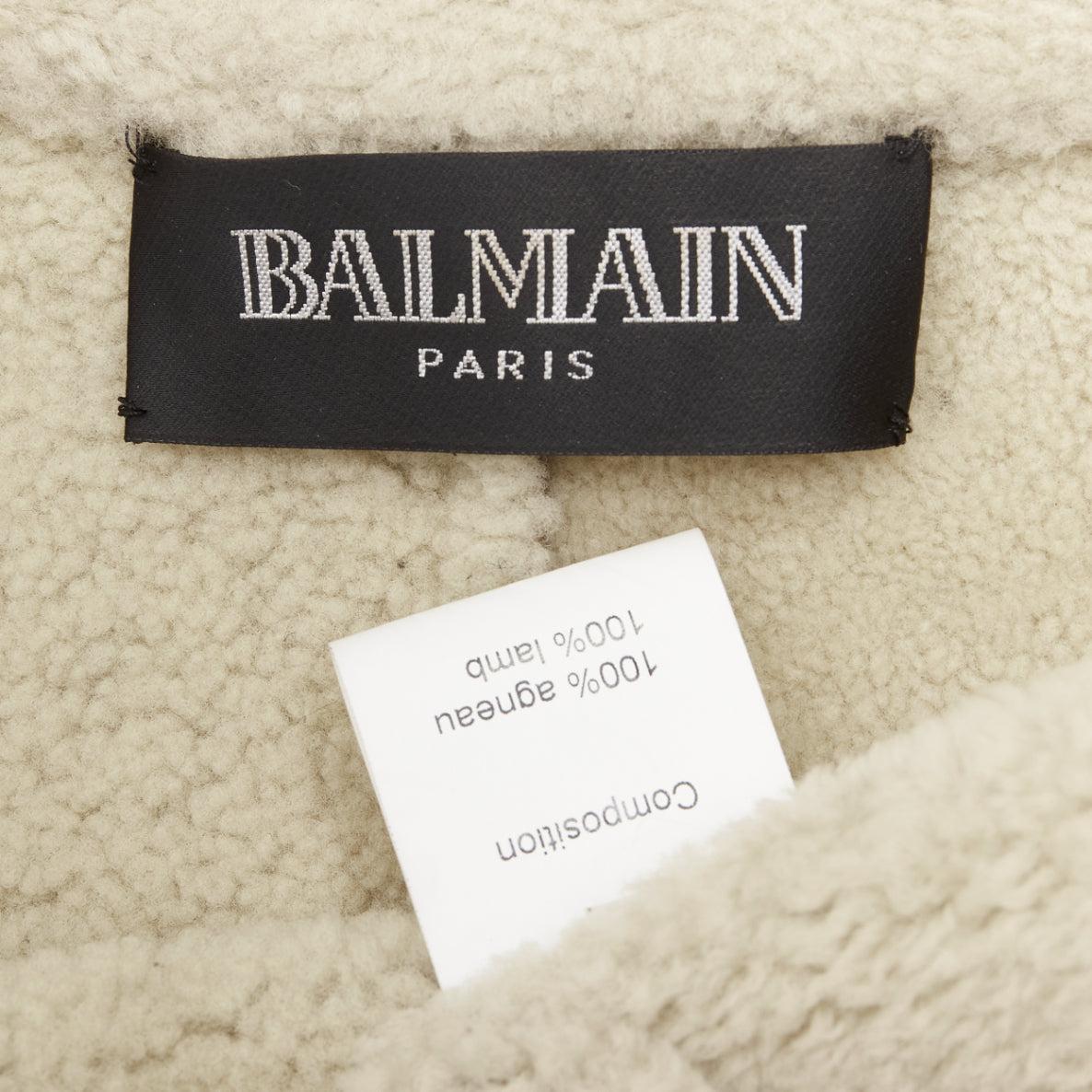 BALMAIN brown beige genuine lambskin shearling long fitted officer coat FR36 S For Sale 6
