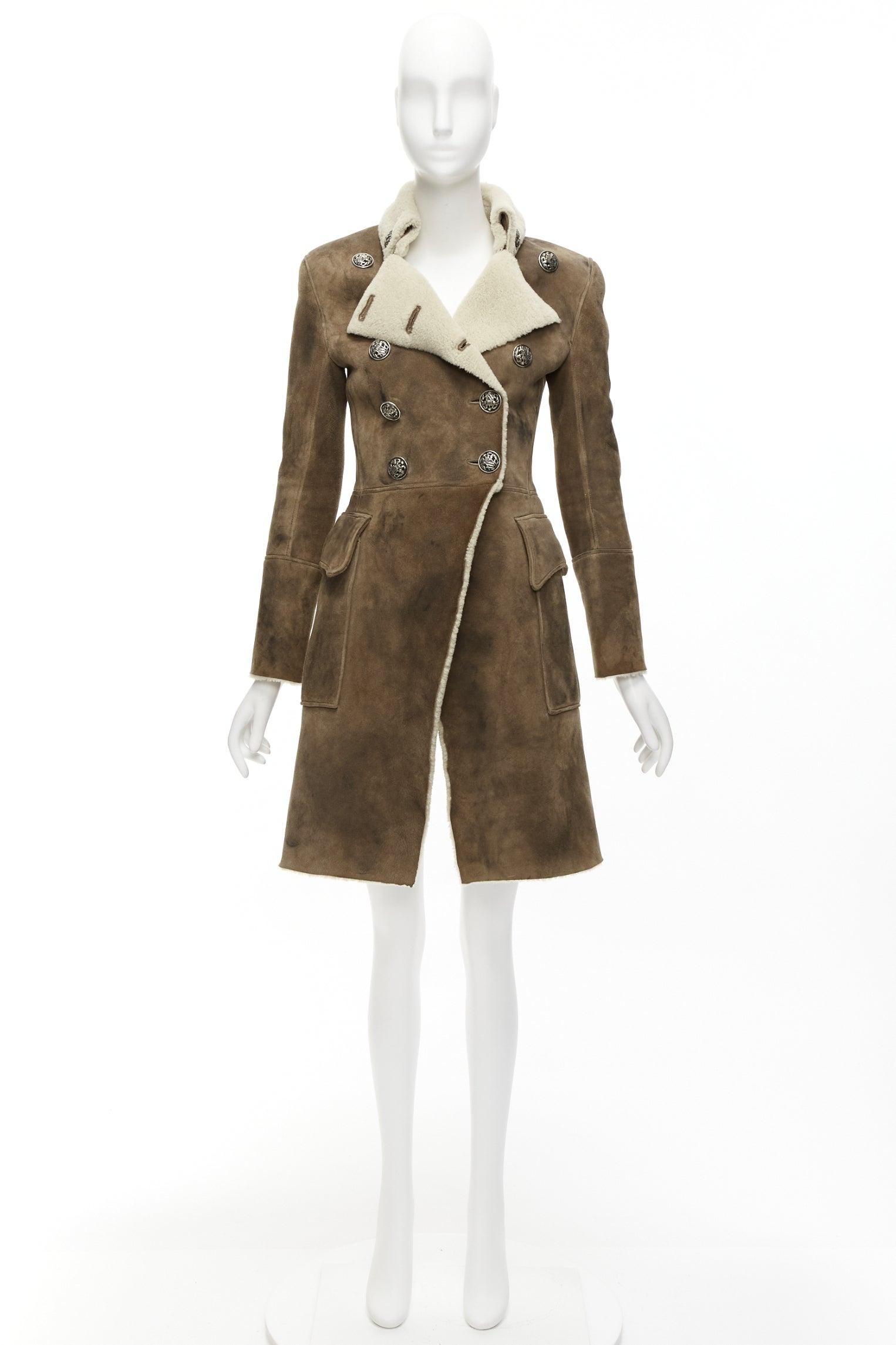 BALMAIN brown beige genuine lambskin shearling long fitted officer coat FR36 S For Sale 7