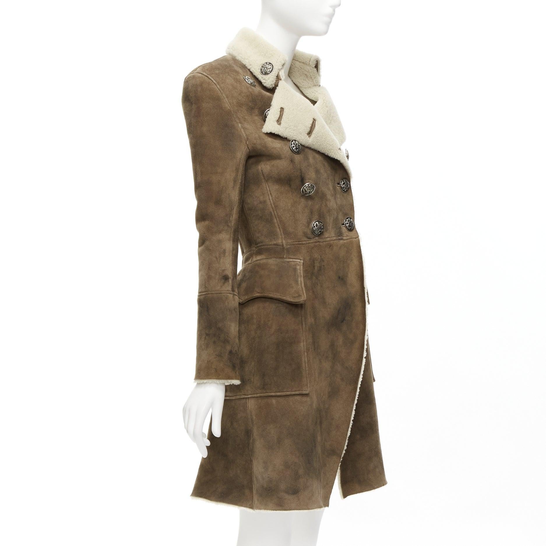 Women's BALMAIN brown beige genuine lambskin shearling long fitted officer coat FR36 S For Sale