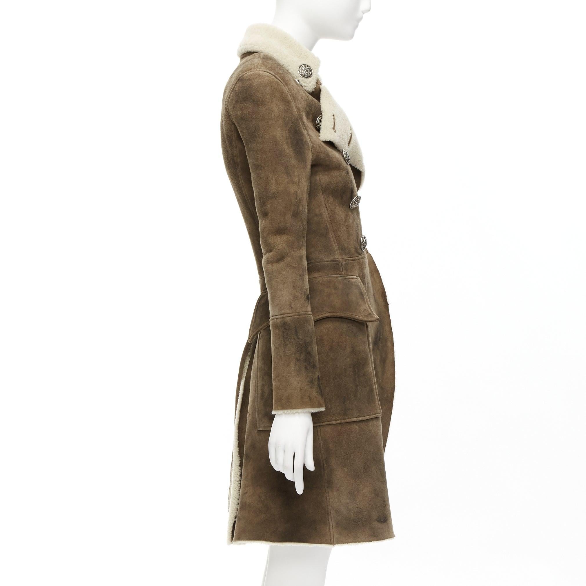 BALMAIN brown beige genuine lambskin shearling long fitted officer coat FR36 S For Sale 1