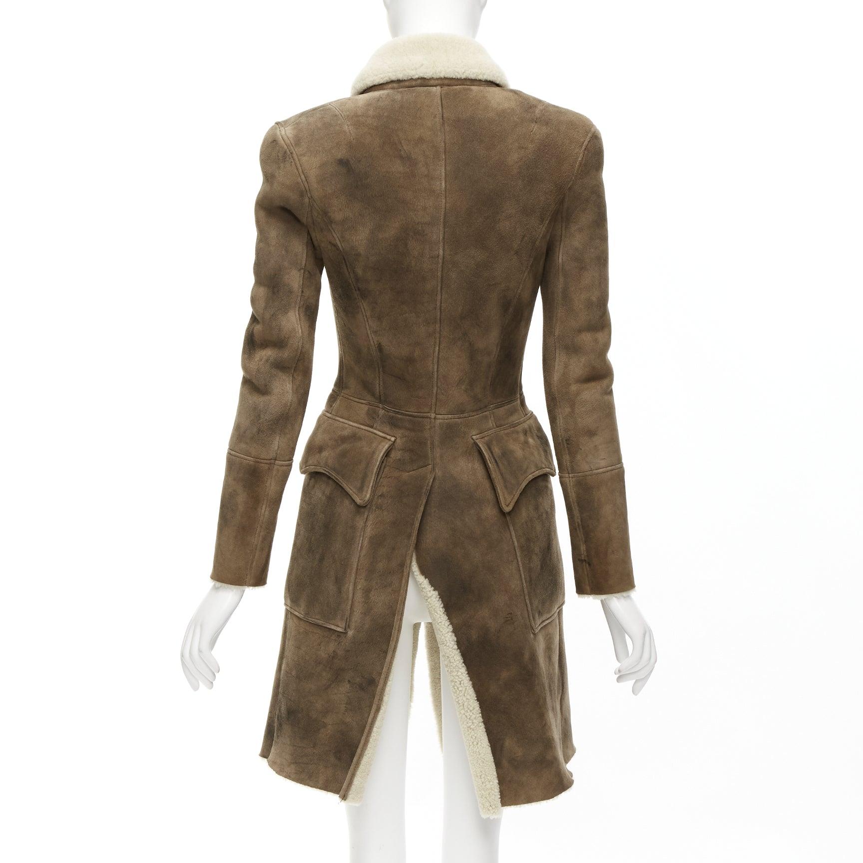 BALMAIN brown beige genuine lambskin shearling long fitted officer coat FR36 S For Sale 2