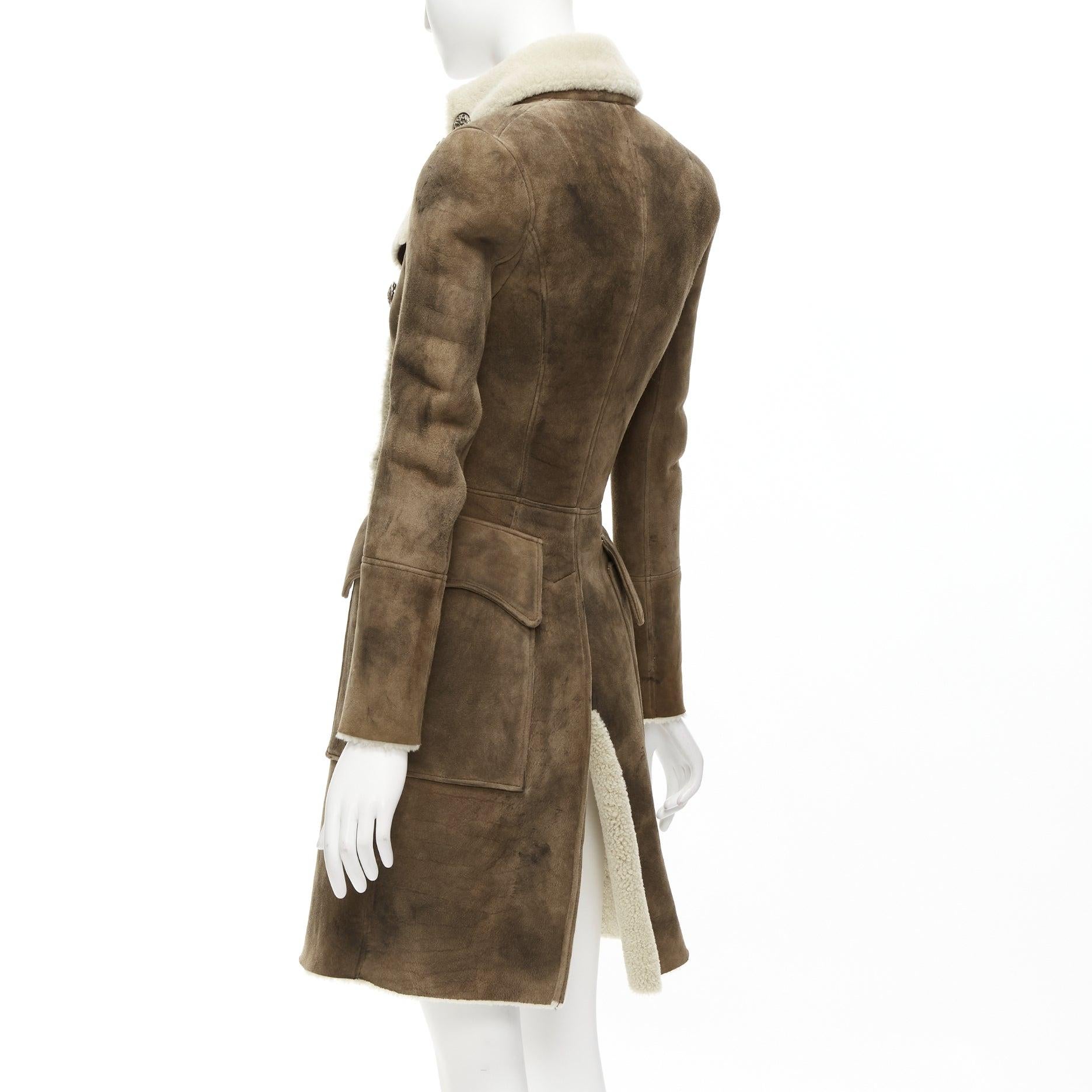 BALMAIN brown beige genuine lambskin shearling long fitted officer coat FR36 S For Sale 3