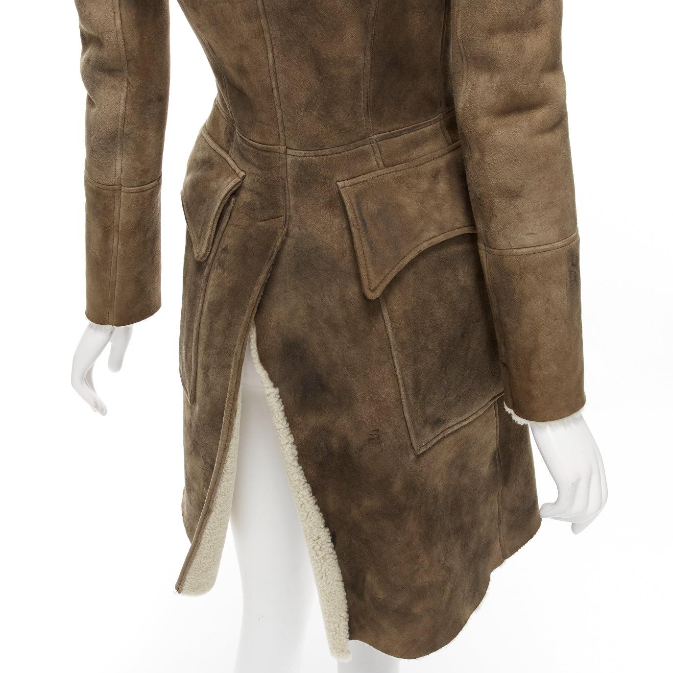BALMAIN brown beige genuine lambskin shearling long fitted officer coat FR36 S For Sale 4
