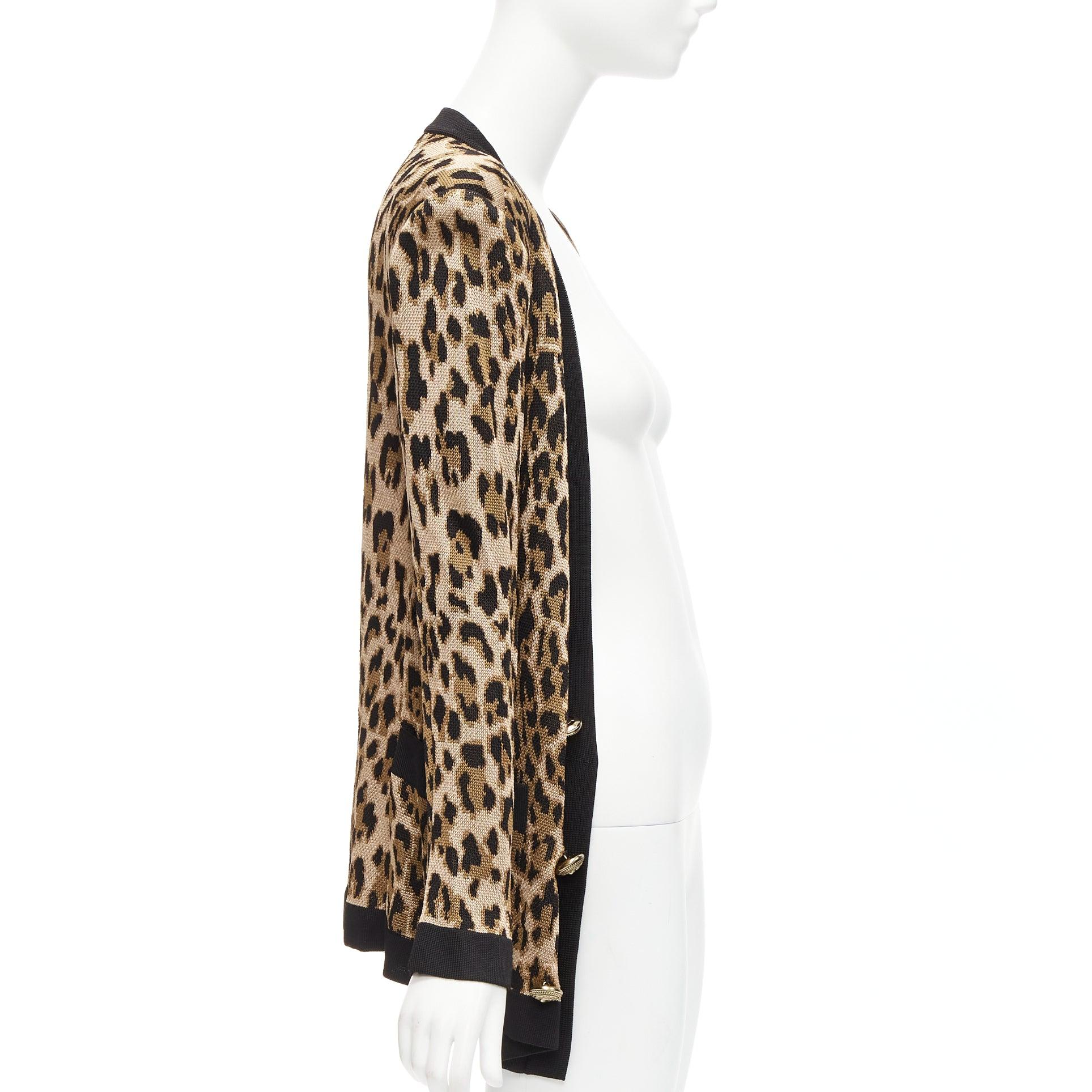 Women's BALMAIN brown leopard jacquard power shoulder gold buttons cardigan FR38 M For Sale