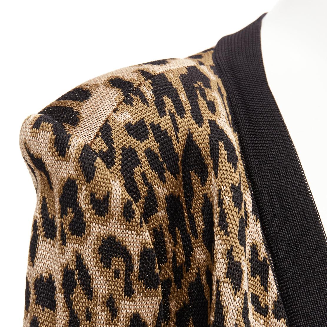 BALMAIN brown leopard jacquard power shoulder gold buttons cardigan FR38 M For Sale 3