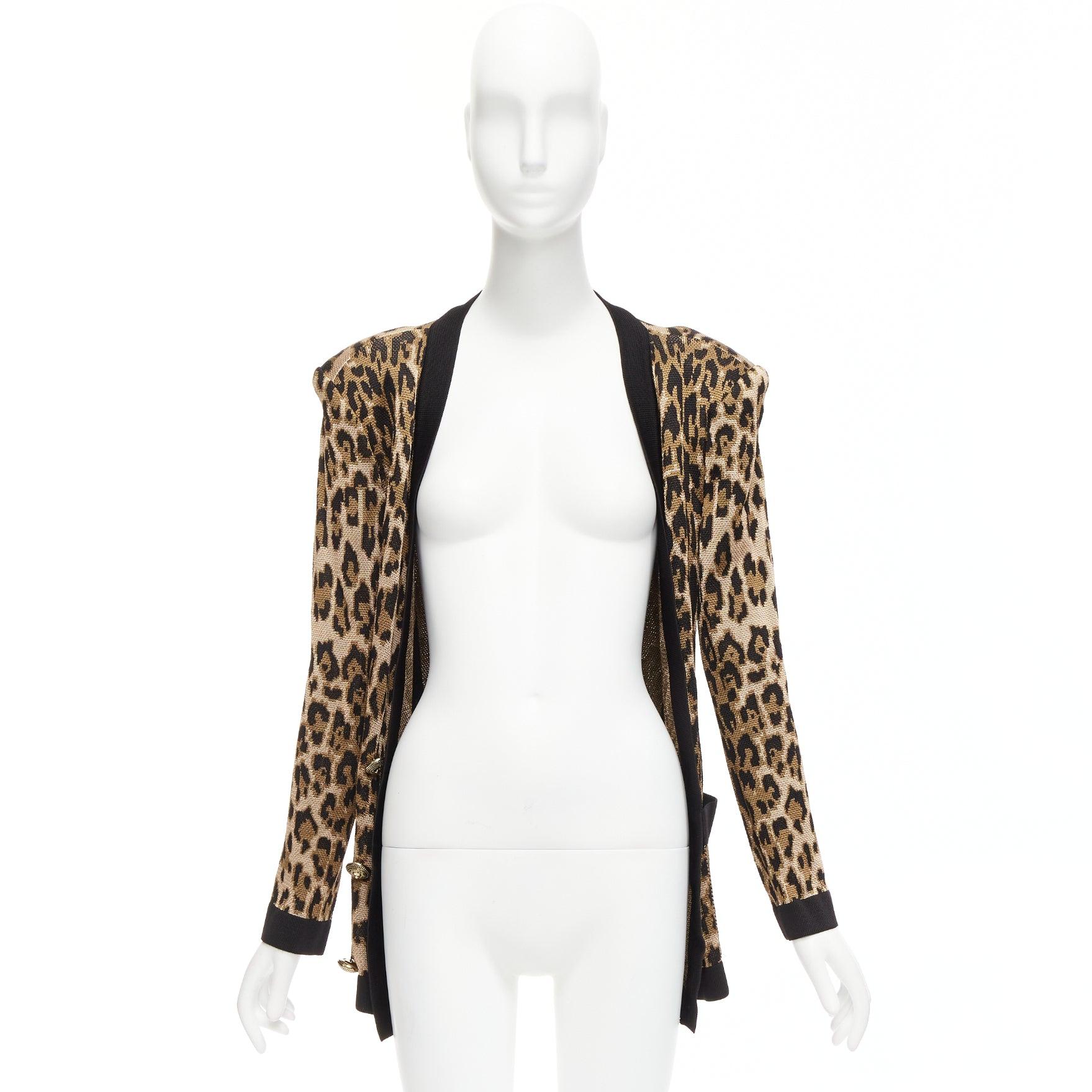 BALMAIN braune Leoparden-Jacquard-Powerschulter-Strickjacke mit Goldknöpfen FR38 M im Angebot 4