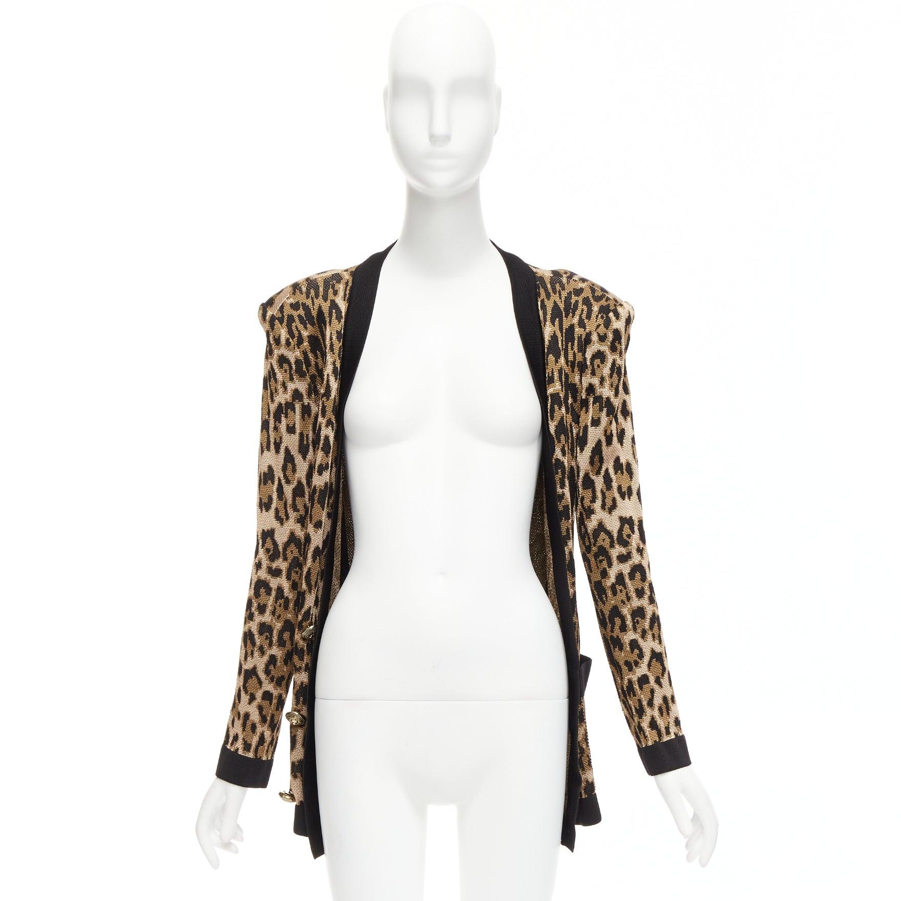 BALMAIN brown leopard jacquard power shoulder gold buttons cardigan FR38 M For Sale 5