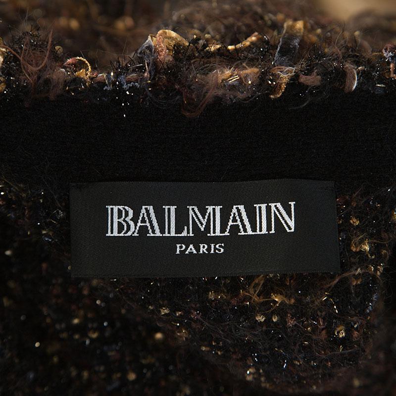Balmain Brown Metallic Bouclé-Knit Fringed Cardigan M In Good Condition In Dubai, Al Qouz 2