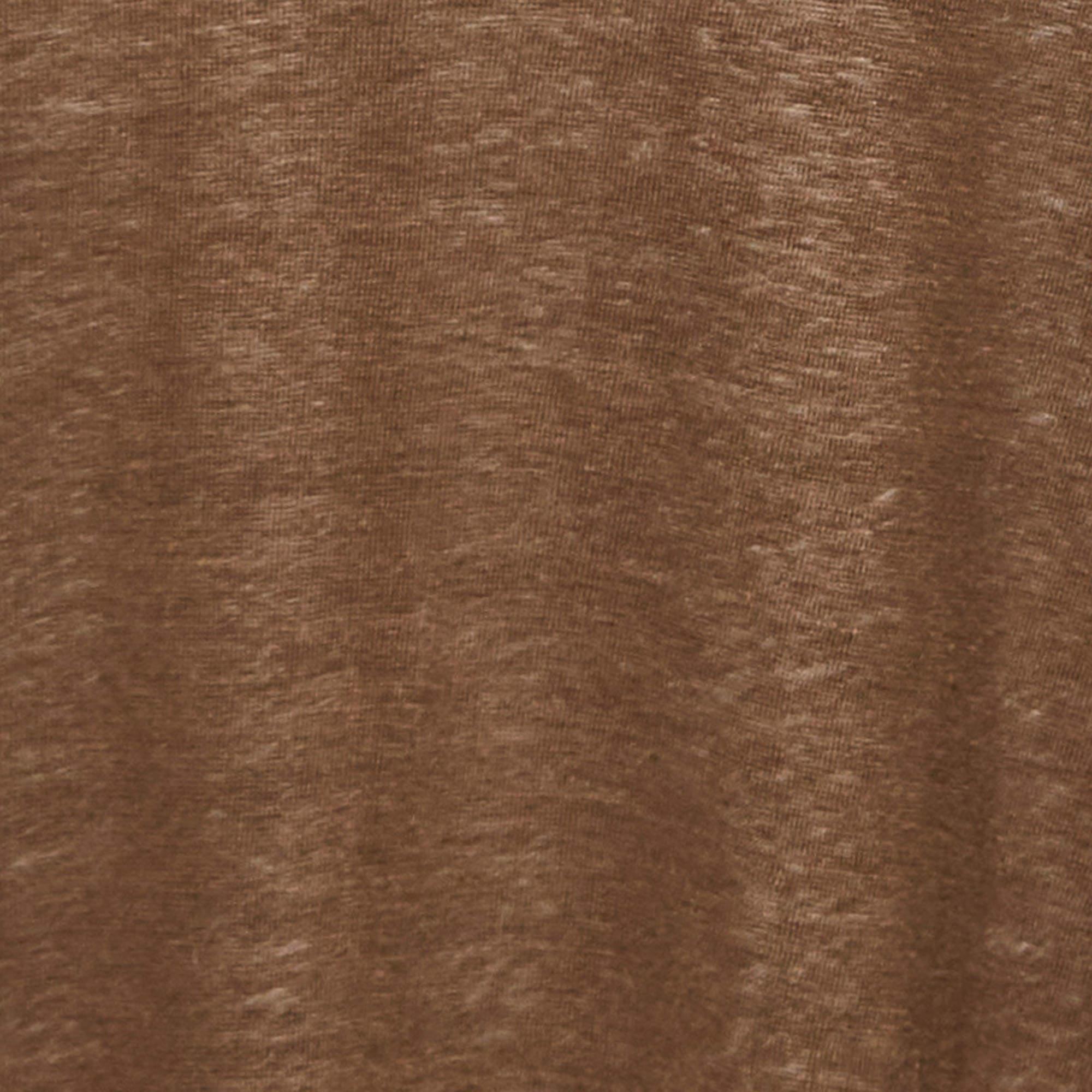 Marrone Balmain Brown - Maglietta con maniche arrotolate in jersey di lino elasticizzato T S in vendita