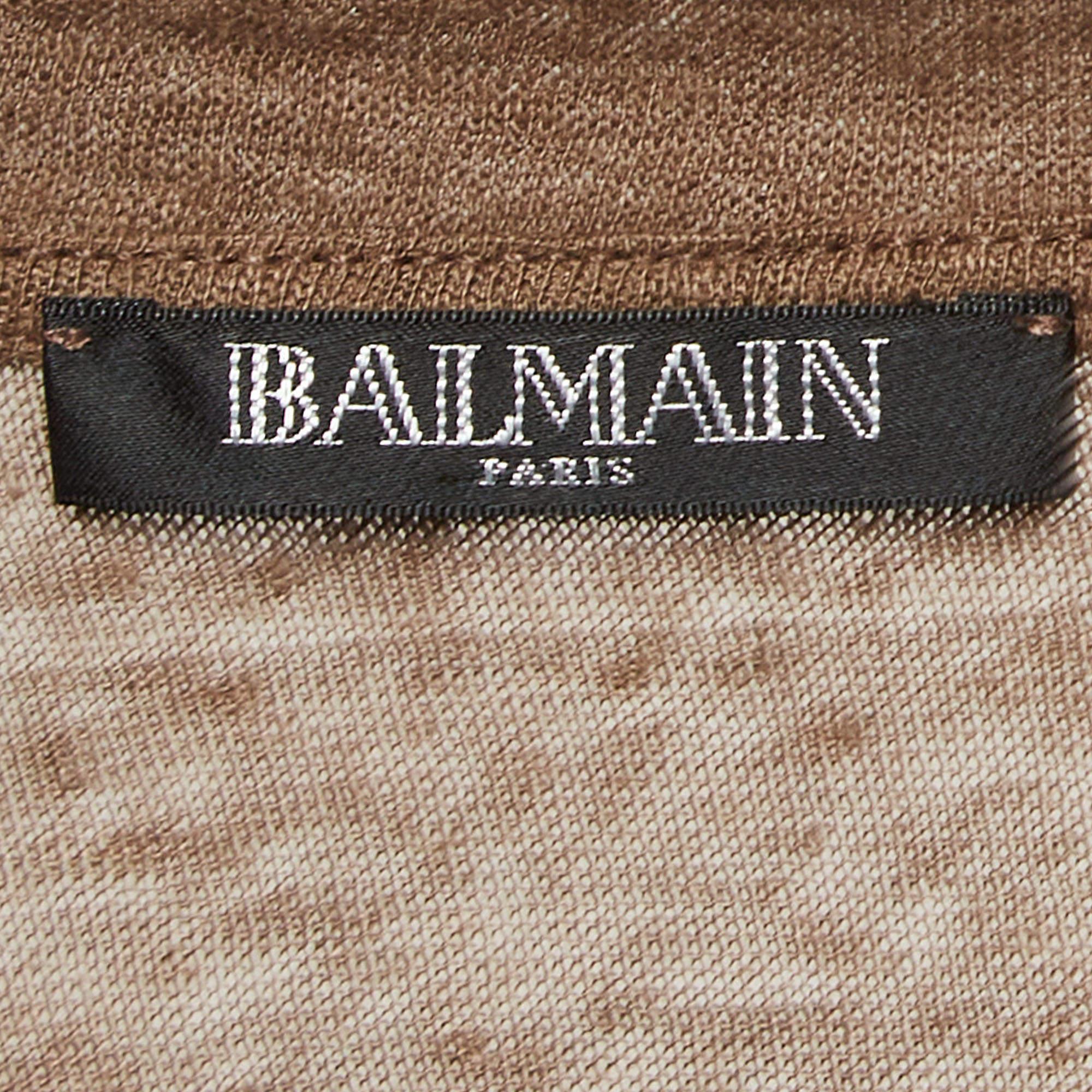 Balmain Brown - Maglietta con maniche arrotolate in jersey di lino elasticizzato T S In condizioni buone in vendita a Dubai, Al Qouz 2