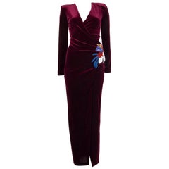 BALMAIN burgundy EMBROIDERE VELVET GOWN Maxi Dress 36