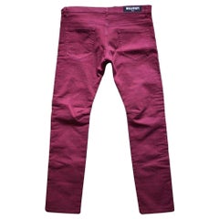 Used Balmain Burgundy Embroidered Trimming Slim Stretch Jeans
