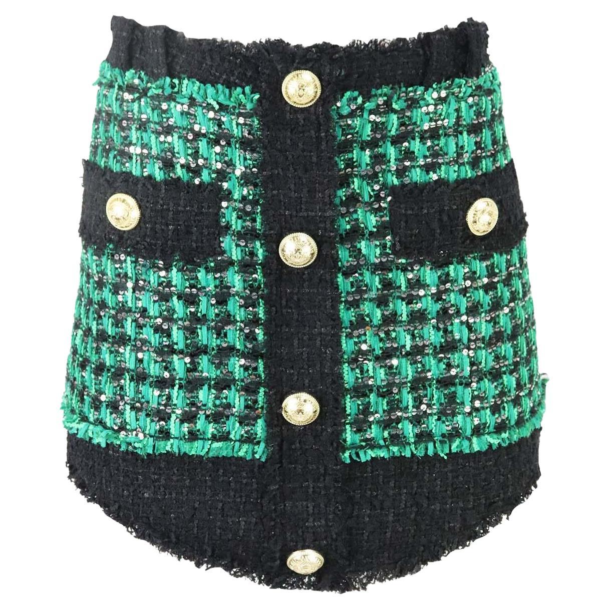 Balmain Button Embellished Metallic Bouclé Tweed Mini Skirt FR 42 UK 14 For Sale at 1stDibs | balmain button embellished mini dress, balmain button-embellished metallic boucle-tweed mini skirt, balmain