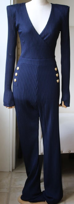 Balmain Button-Embellished Ribbed Jersey Jumpsuit
