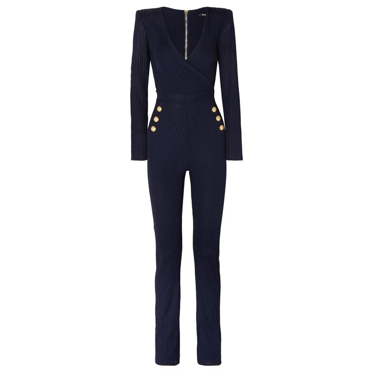Balmain Button-Embellished Ribbed Jersey Jumpsuit For Sale at 1stDibs
