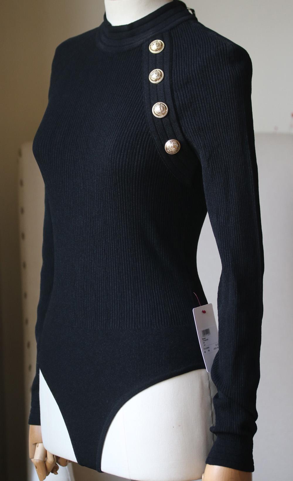 Black Balmain Button-Embellished Ribbed Stretch-Knit Bodysuit