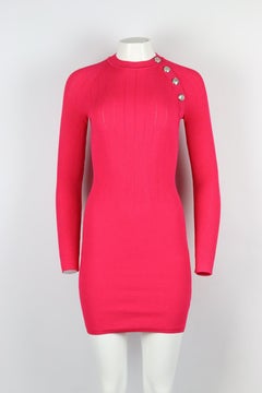 Balmain Button Embellished Ribbed Stretch Knit Mini Dress Fr 40 Uk 12
